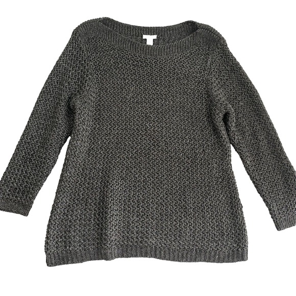 Chico's Sweater Women Sz 3 (XL) Metallic Grey Open Knit Boat Neck Summer Coastal - Picture 1 of 9
